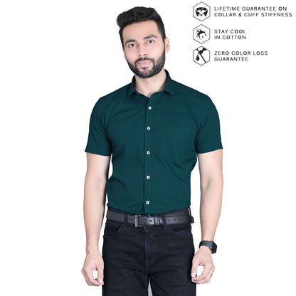 5thanfold Men's Formal Pure Cotton Half Sleeve Solid Peakok Green Slim Fit Shirt