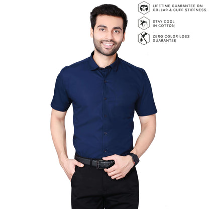 5thanfold Men's Formal Pure Cotton Half Sleeve Solid Light Navy Slim Fit Shirt