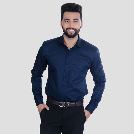 5thanfold Men's Formal Pure Cotton Full Sleeve Solid Navy Blue Slim Fit Shirt
