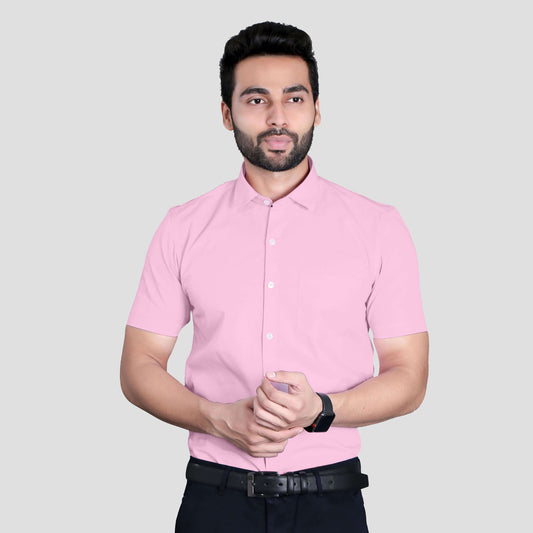 5thanfold Men's Formal Pure Cotton Half Sleeve Solid Pink Slim Fit Shirt
