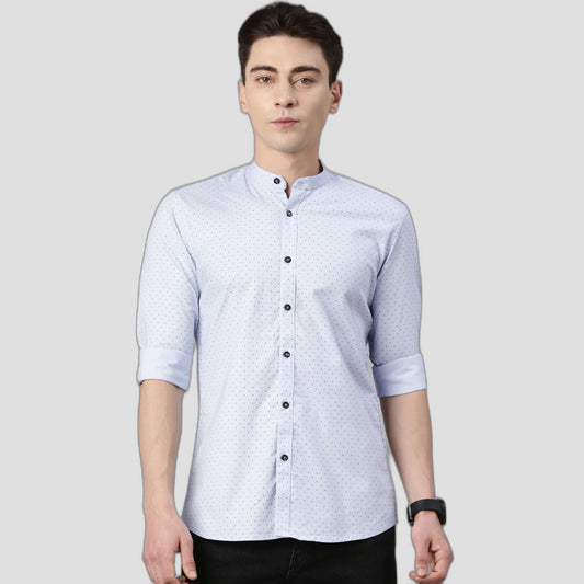 5thanfold Men's Casual Pure Cotton Polka Printed Mandarin Collar Sky Blue Slim Fit Shirt