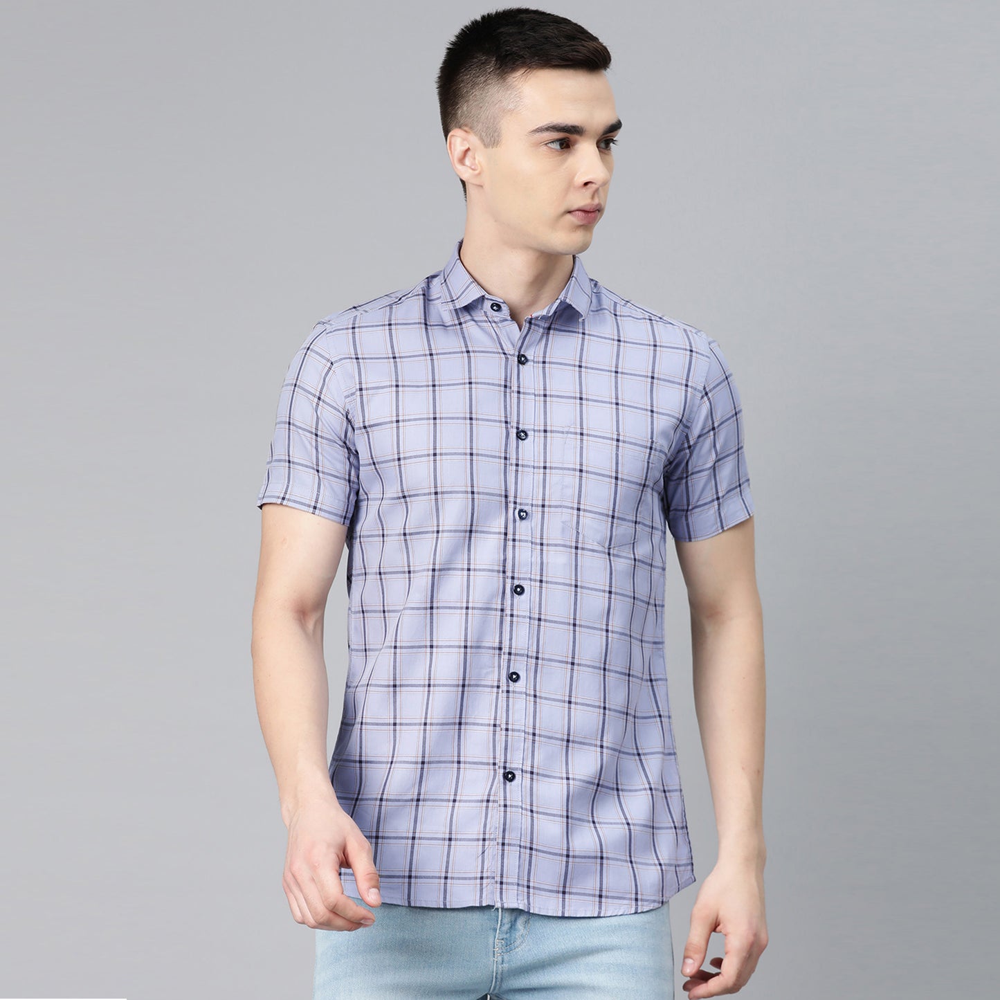 5thanfold Men's Casual Pure Cotton Half Sleeve Checkered Dark Blue Slim Fit Shirt