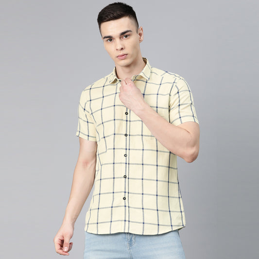 5thanfold Men's Casual Pure Cotton Half Sleeve Checkered Yellow Slim Fit Shirt