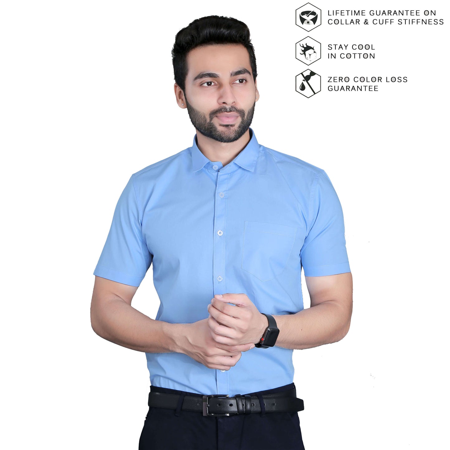5thanfold Men's Formal Pure Cotton Half Sleeve Solid Sky Blue Slim Fit Shirt