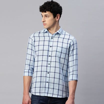 5thanfold Men's Casual Pure Cotton Full Sleeve Checkered Blue Slim Fit Shirt