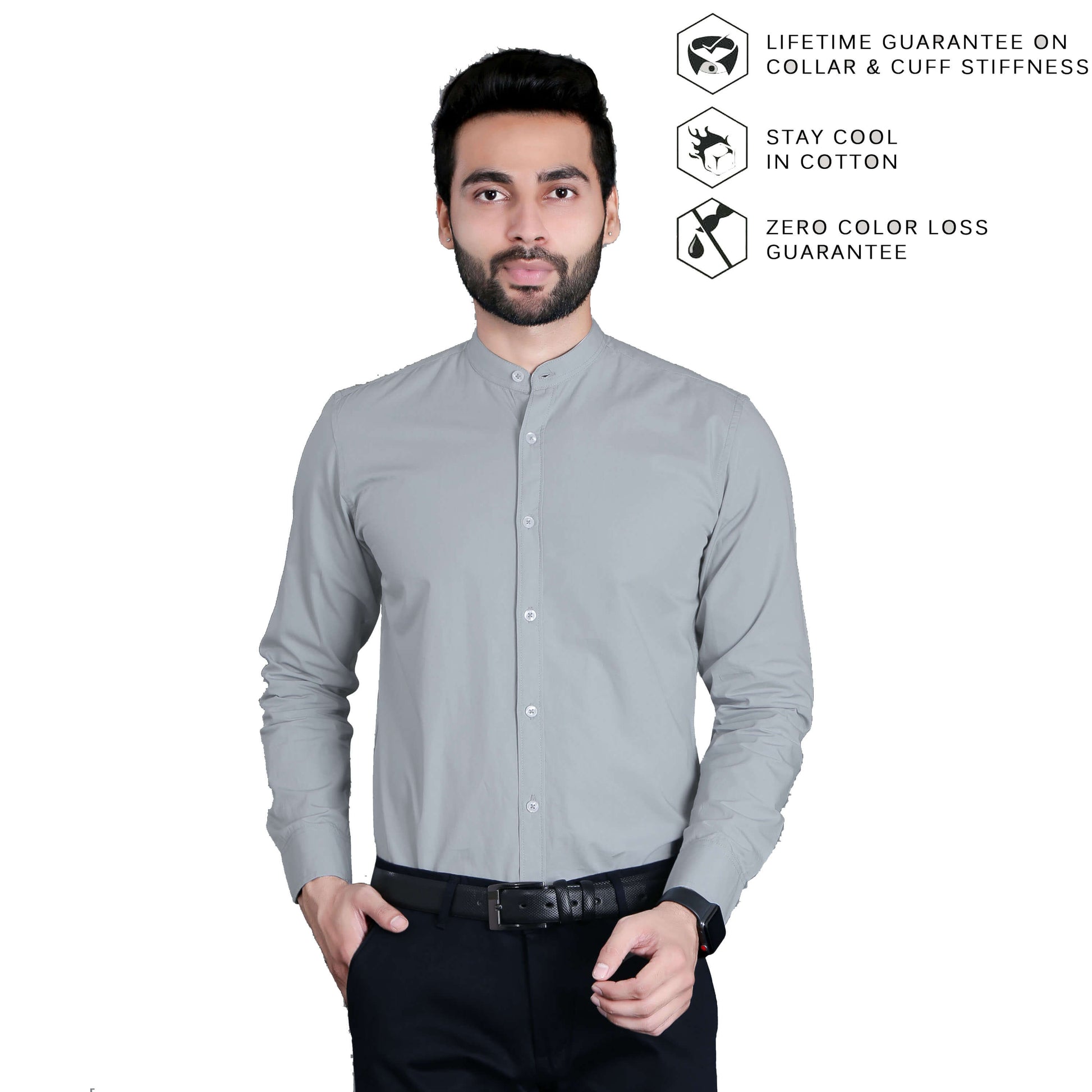 5thanfold Men's Formal Cement Full Sleeve Pure Cotton Mandarin Collar Shirt (No Pocket)
