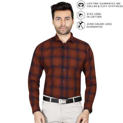 5thanfold Men's Formal Pure Cotton Full Sleeve Checkered Red Regular Fit Shirt