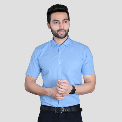 5thanfold Men's Formal Pure Cotton Half Sleeve Solid Sky Blue Slim Fit Shirt