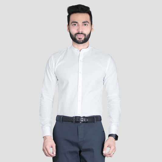 5thanfold Men's Formal White Full Sleeve Pure Cotton Mandarin Collar Shirt (No Pocket)