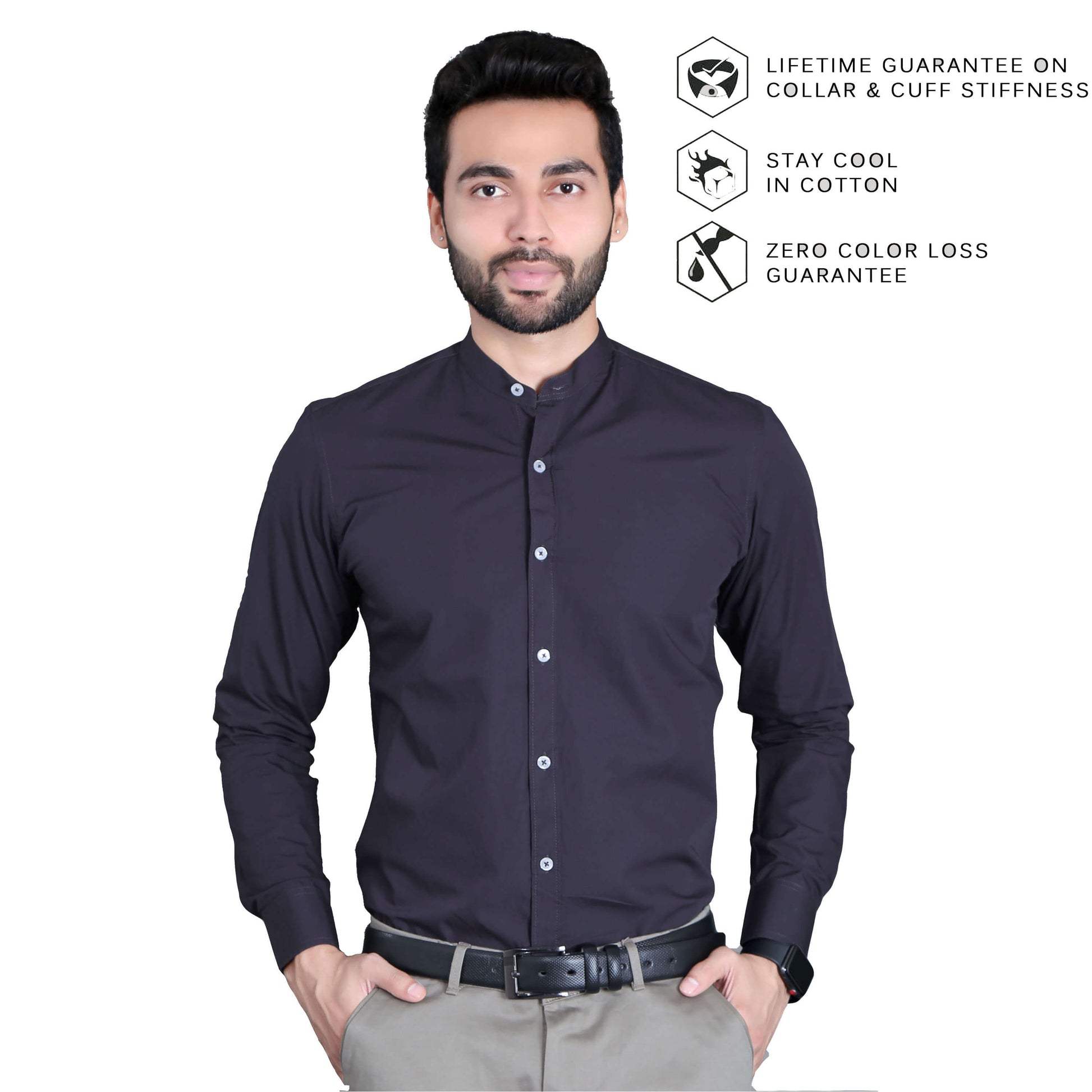 5thanfold Men's Formal Dark Grey Full Sleeve Pure Cotton Mandarin Collar Shirt (No Pocket)