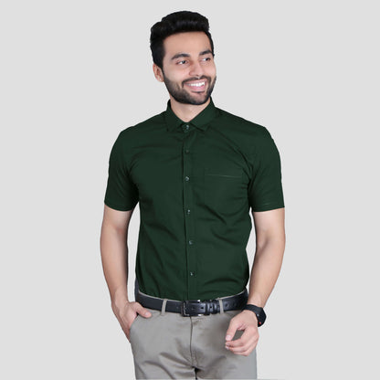 5thanfold Men's Formal Pure Cotton Half Sleeve Solid Bottle Green Slim Fit Shirt