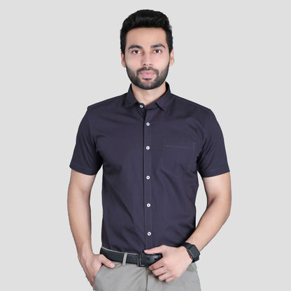 5thanfold Men's Formal Pure Cotton Half Sleeve Solid Dark Grey Slim Fit Shirt