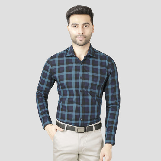 5thanfold Men's Formal Pure Cotton Full Sleeve Checkered Green Slim Fit Shirt