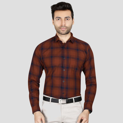 5thanfold Men's Formal Pure Cotton Full Sleeve Checkered Red Regular Fit Shirt