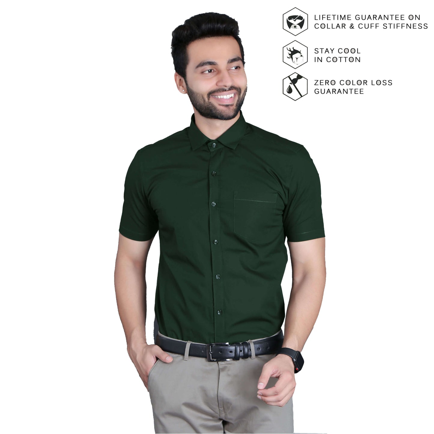 5thanfold Men's Formal Pure Cotton Half Sleeve Solid Bottle Green Slim Fit Shirt