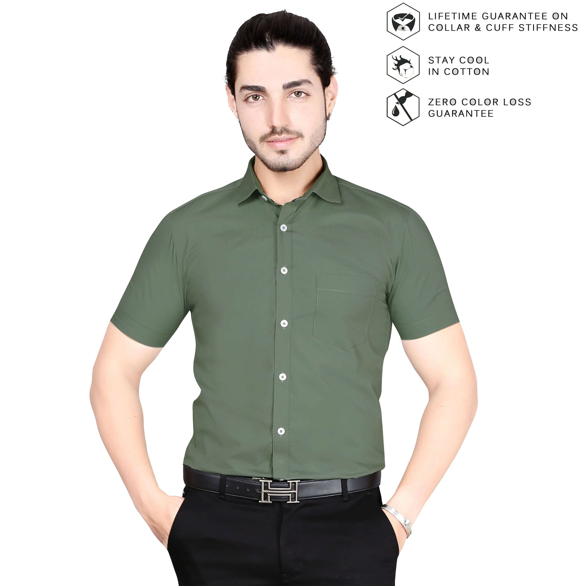 5thanfold Men's Formal Pure Cotton Half Sleeve Solid Rusty Green Slim Fit Shirt