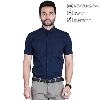 5thanfold Men's Formal Pure Cotton Half Sleeve Solid Navy Blue Slim Fit Shirt