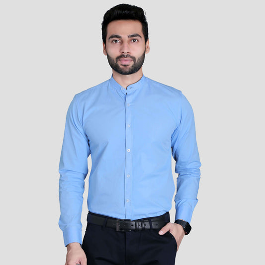 5thanfold Men's Formal Sky Blue Full Sleeve Pure Cotton Mandarin Collar Shirt (No Pocket)