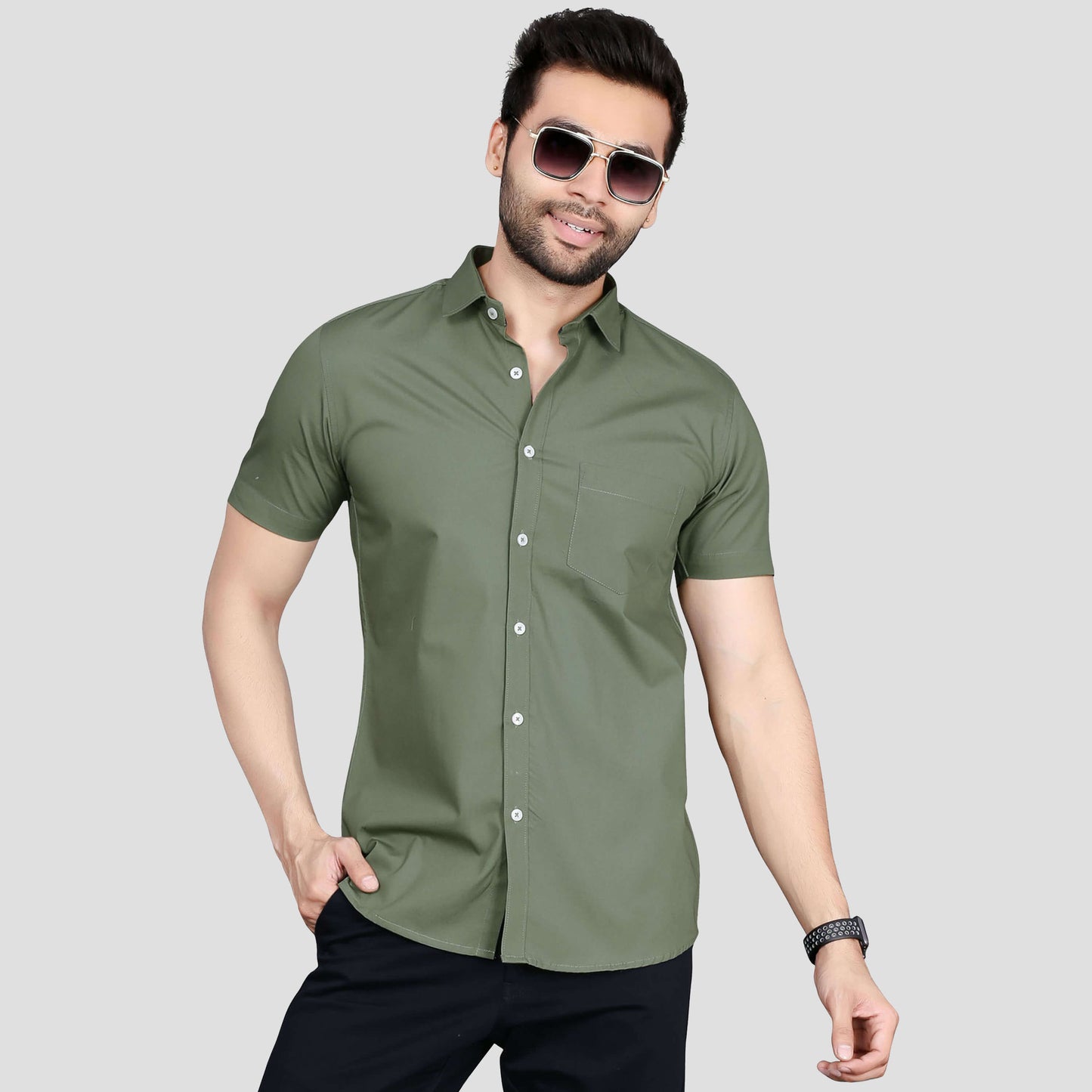 5thanfold Men's Casual Pure Cotton Half Sleeve Solid Rusty Green Slim Fit Shirt