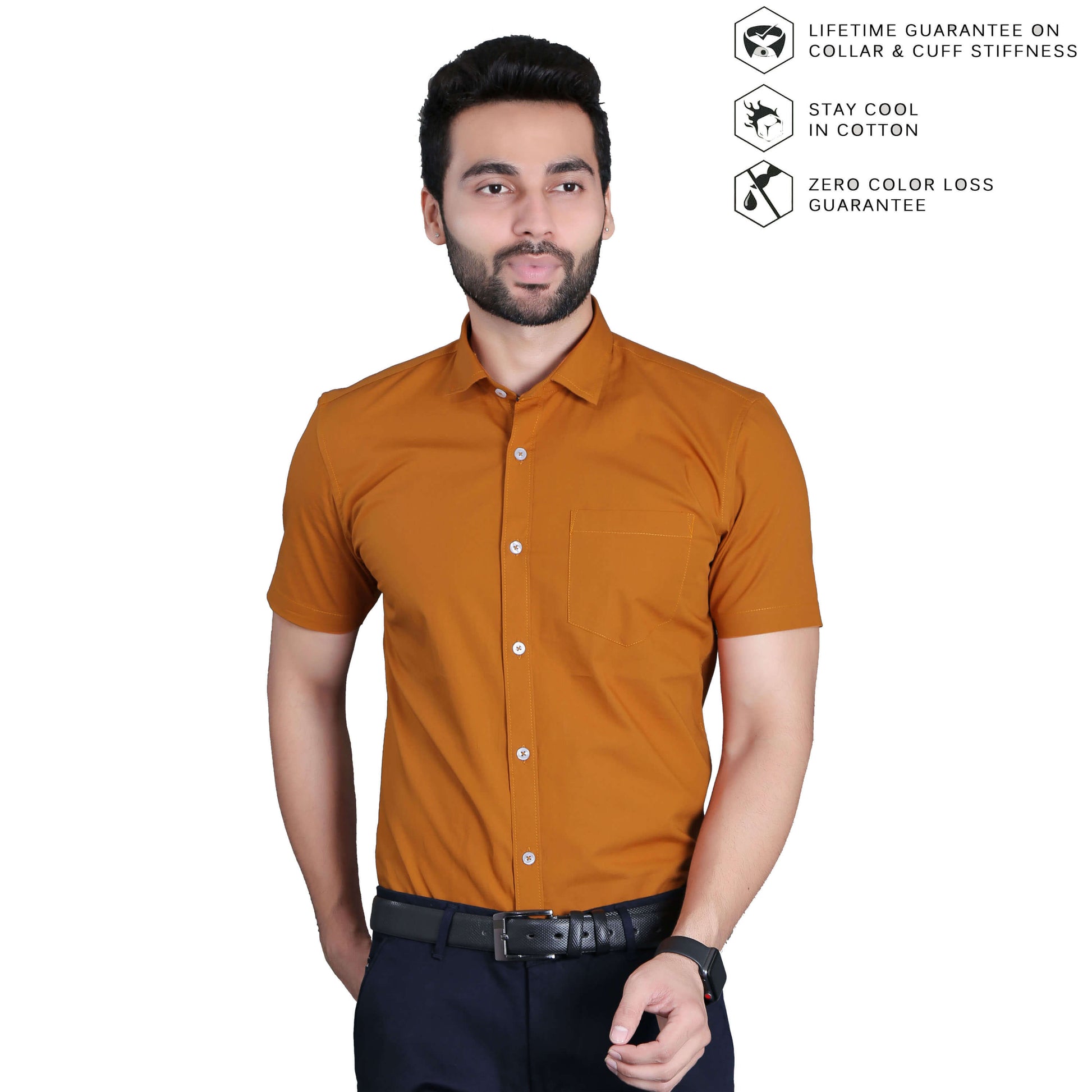5thanfold Men's Formal Pure Cotton Half Sleeve Solid Copper Brown Slim Fit Shirt