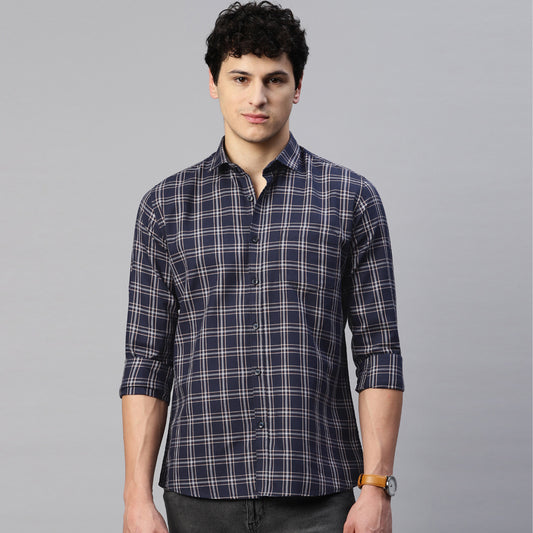 5thanfold Men's Casual Pure Cotton Full Sleeve Checkered Blue Slim Fit Shirt