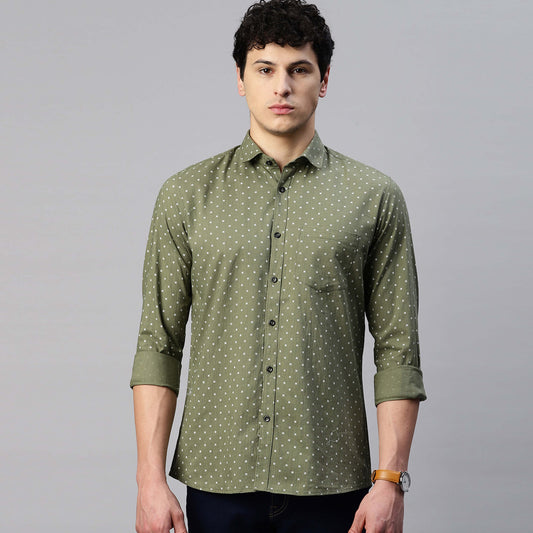 5thanfold Men's Casual Pure Cotton Full Sleeve Polka Print Green Slim Fit Shirt