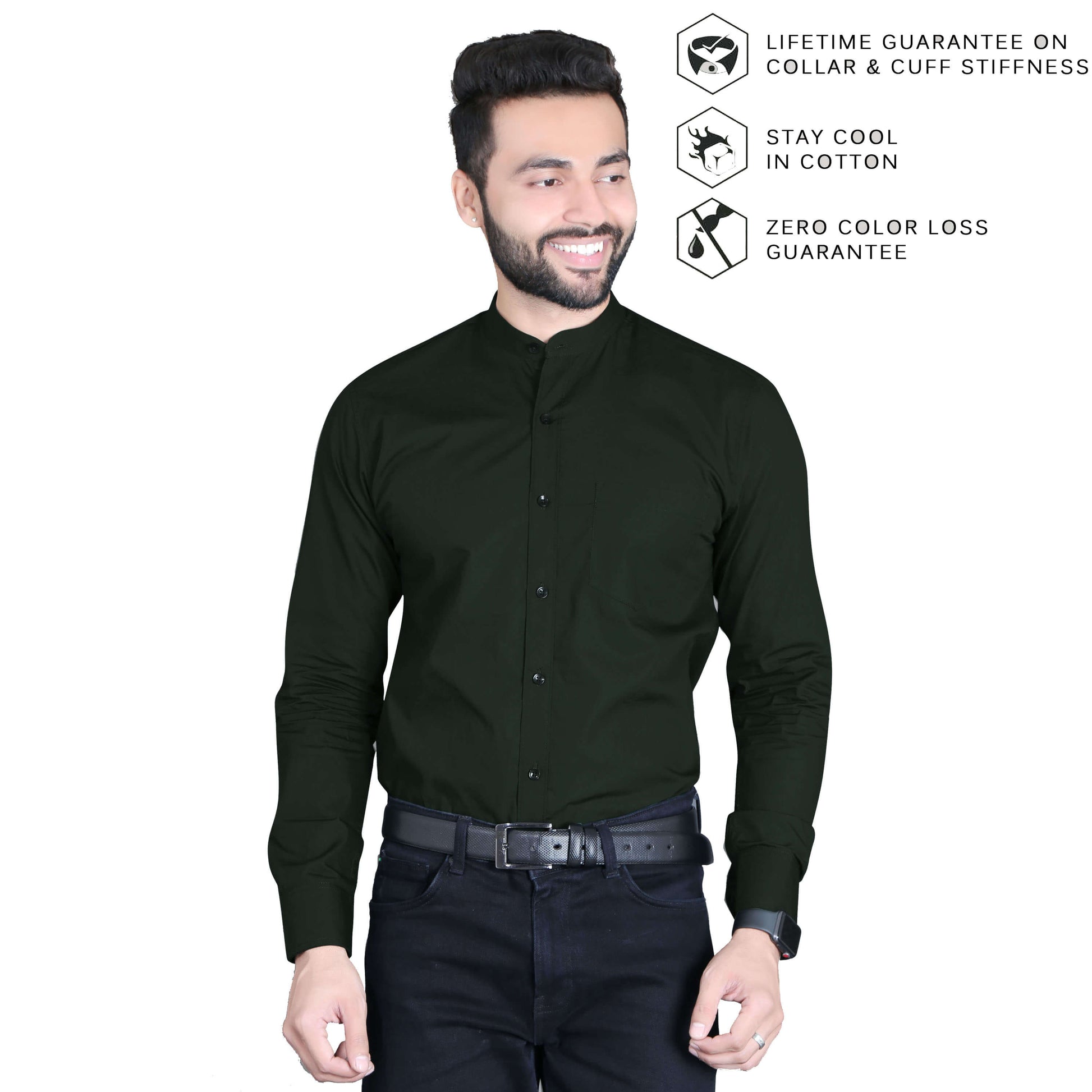 5thanfold Men's Formal Green Full Sleeve Pure Cotton Mandarin Collar Shirt (No Pocket)