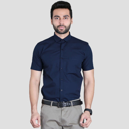 5thanfold Men's Formal Pure Cotton Half Sleeve Solid Navy Blue Slim Fit Shirt