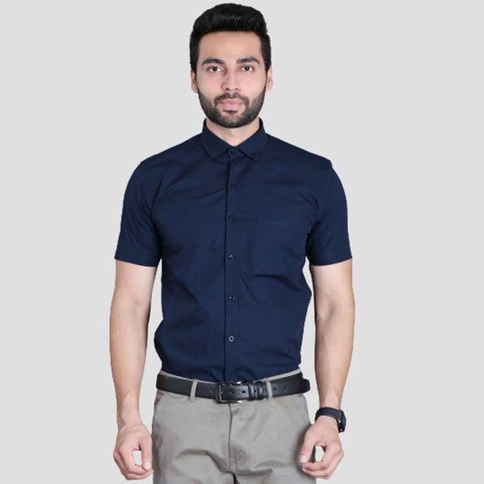 5thanfold Men's Formal Pure Cotton Half Sleeve Solid Navy Blue Slim Fit Shirt
