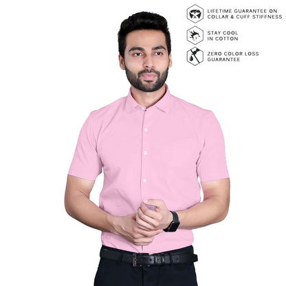 5thanfold Men's Formal Pure Cotton Half Sleeve Solid Pink Slim Fit Shirt