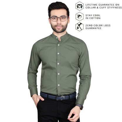 5thanfold Men's Formal Rusty Green Full Sleeve Pure Cotton Mandarin Collar Shirt (No Pocket)