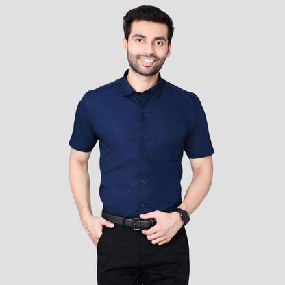 5thanfold Men's Formal Pure Cotton Half Sleeve Solid Light Navy Slim Fit Shirt