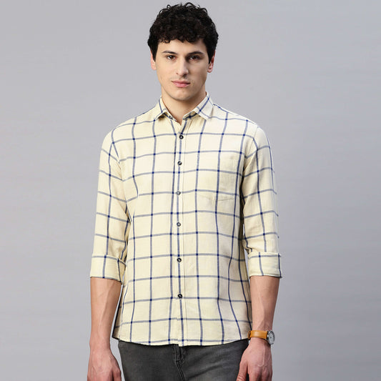 5thanfold Men's Casual Pure Cotton Full Sleeve Checkered Yellow  Slim Fit Shirt