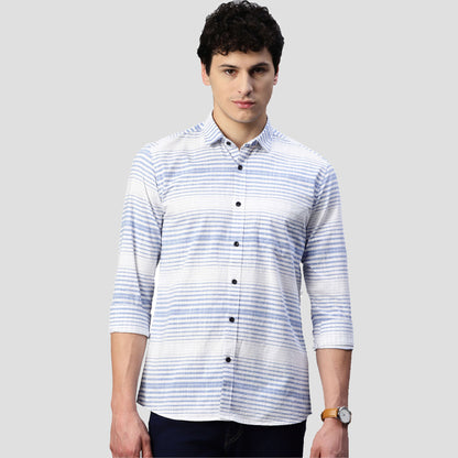 5thanfold Men's Pure Cotton Casual Full Sleeve Striped Blue Slim Fit Shirt