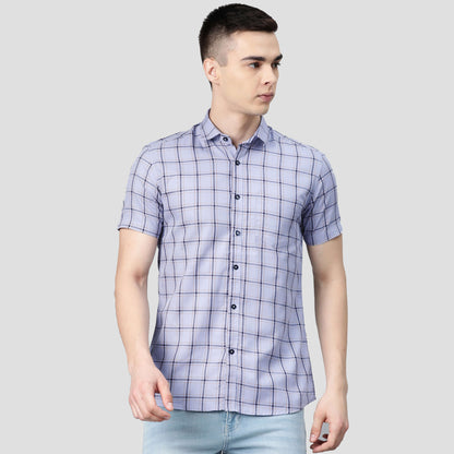 5thanfold Men's Casual Pure Cotton Half Sleeve Checkered Blue Slim Fit Shirt