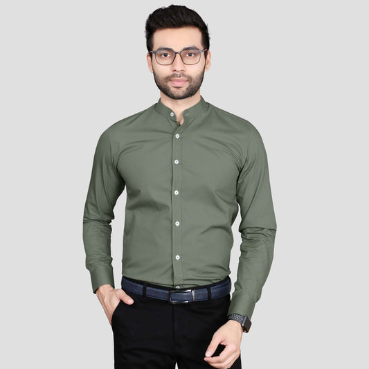 5thanfold Men's Formal Rusty Green Full Sleeve Pure Cotton Mandarin Collar Shirt (No Pocket)