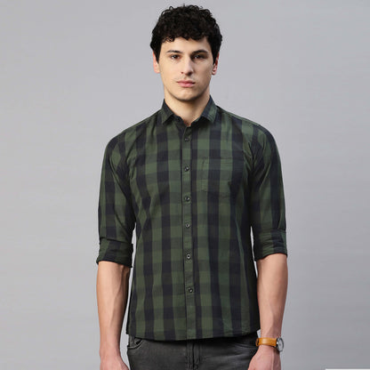 5thanfold Men's Casual Pure Cotton Full Sleeve Checkered Green Slim Fit Shirt