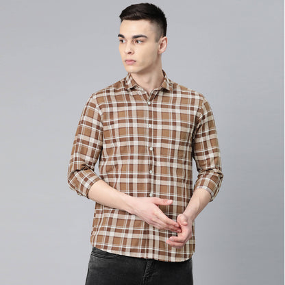 5thanfold Men's Casual Pure Cotton Full Sleeve Checkered Brown Slim Fit Shirt