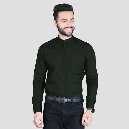 5thanfold Men's Formal Green Full Sleeve Pure Cotton Mandarin Collar Shirt (No Pocket)