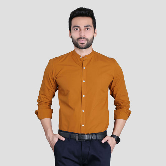 5thanfold Men's Formal Orange Full Sleeve Pure Cotton Mandarin Collar Shirt (No Pocket)