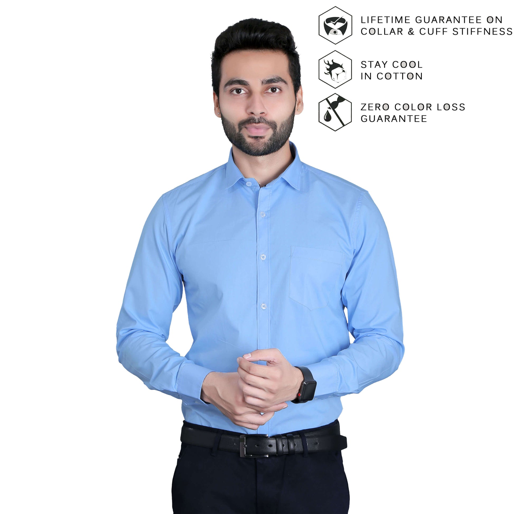 5thanfold Men's Formal Pure Cotton Full Sleeve Solid Sky Blue Slim Fit Shirt