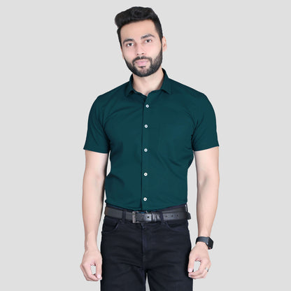 5thanfold Men's Formal Pure Cotton Half Sleeve Solid Peakok Green Slim Fit Shirt