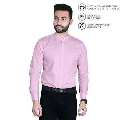 5thanfold Men's Formal Pink Full Sleeve Pure Cotton Mandarin Collar Shirt (No Pocket)