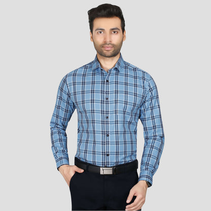 5thanfold Men's Formal Pure Cotton Full Sleeve Checkered Sky Blue Regular Fit Shirt