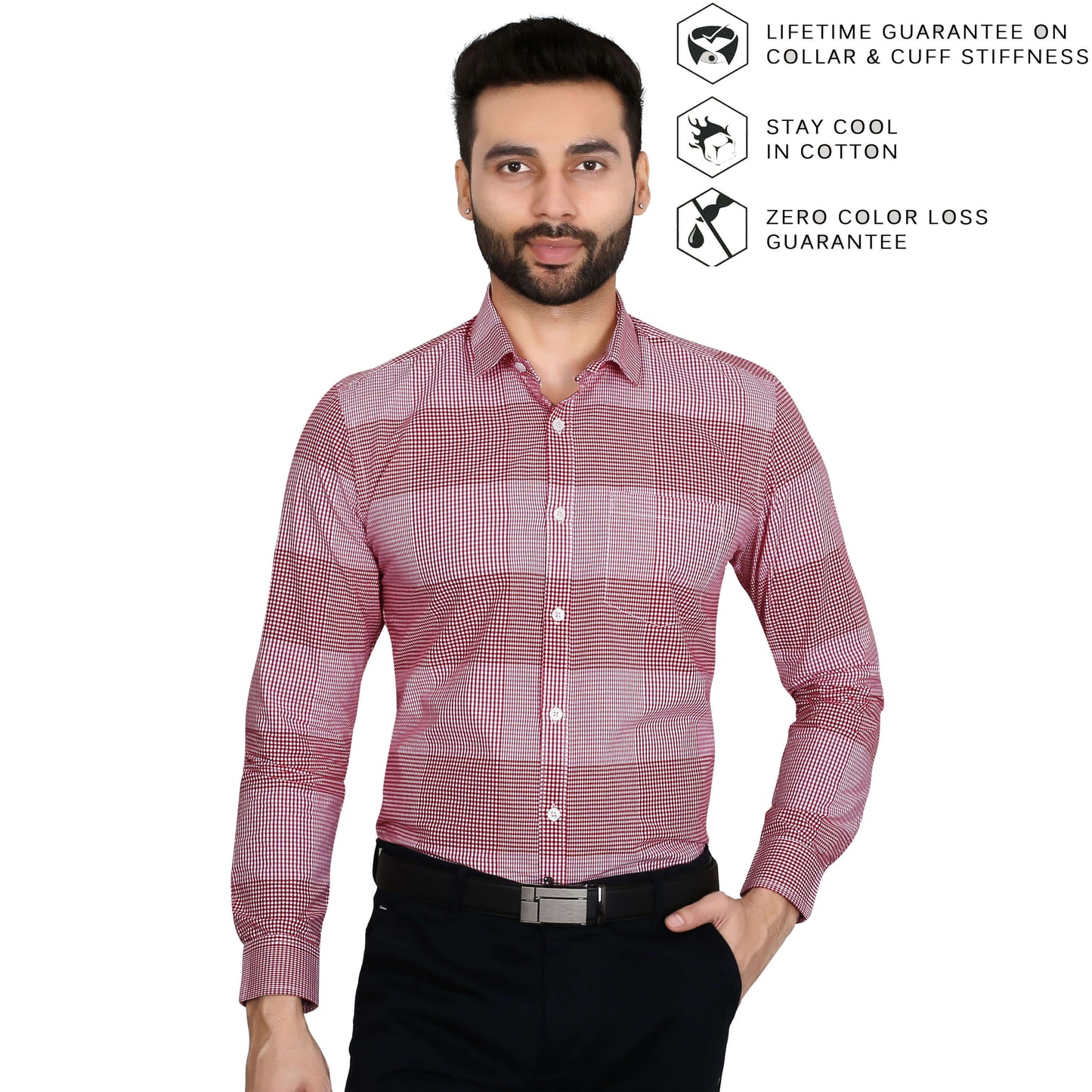 5thanfold Men's Formal Pure Cotton Full Sleeve Checkered Red Regular Fit Shirt