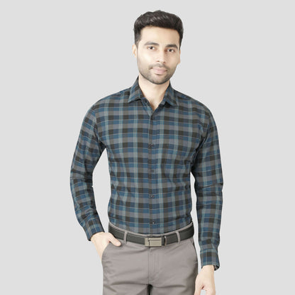 5thanfold Men's Formal Pure Cotton Full Sleeve Checkered Green Slim Fit Shirt