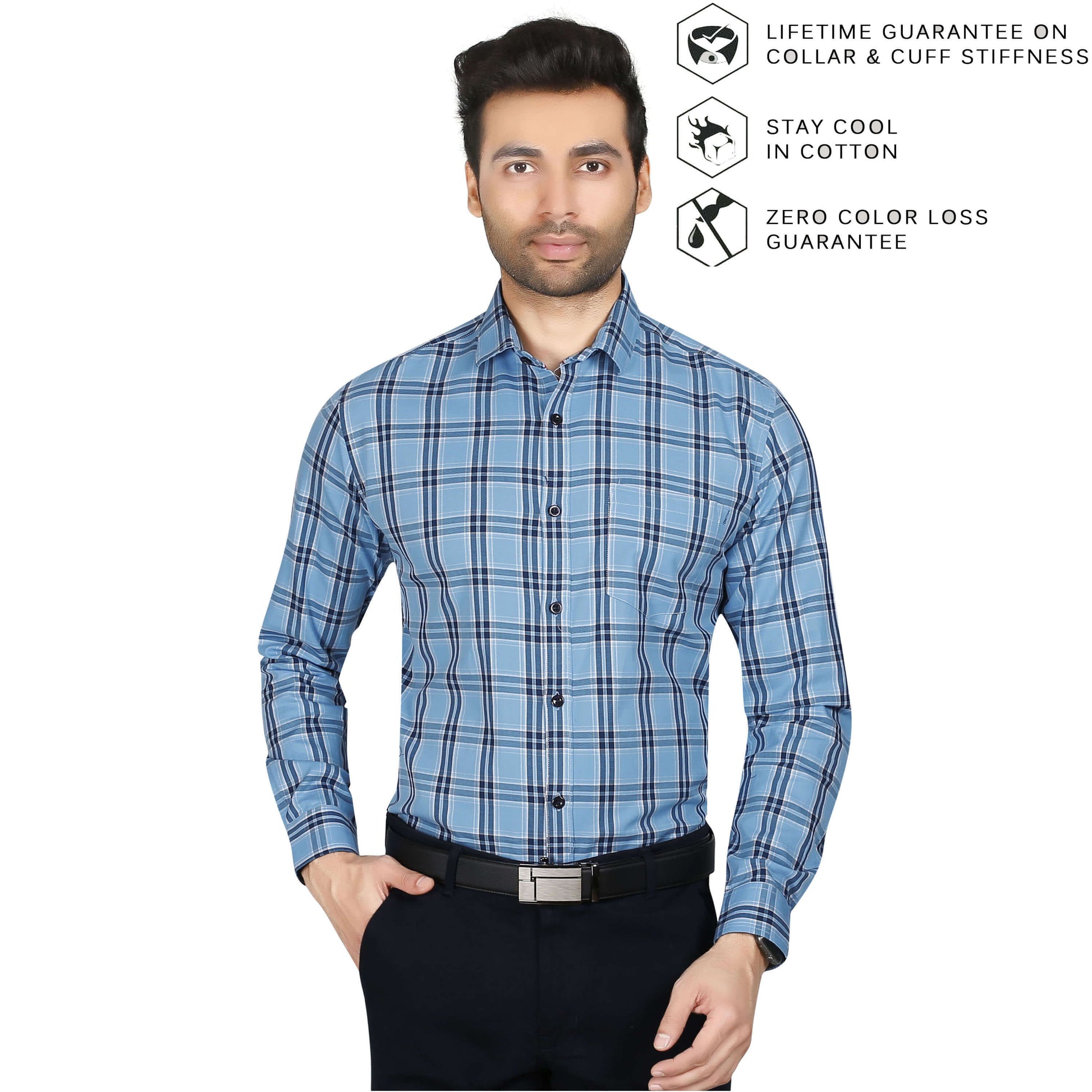 5thanfold Men's Formal Pure Cotton Full Sleeve Checkered Sky Blue Regular Fit Shirt