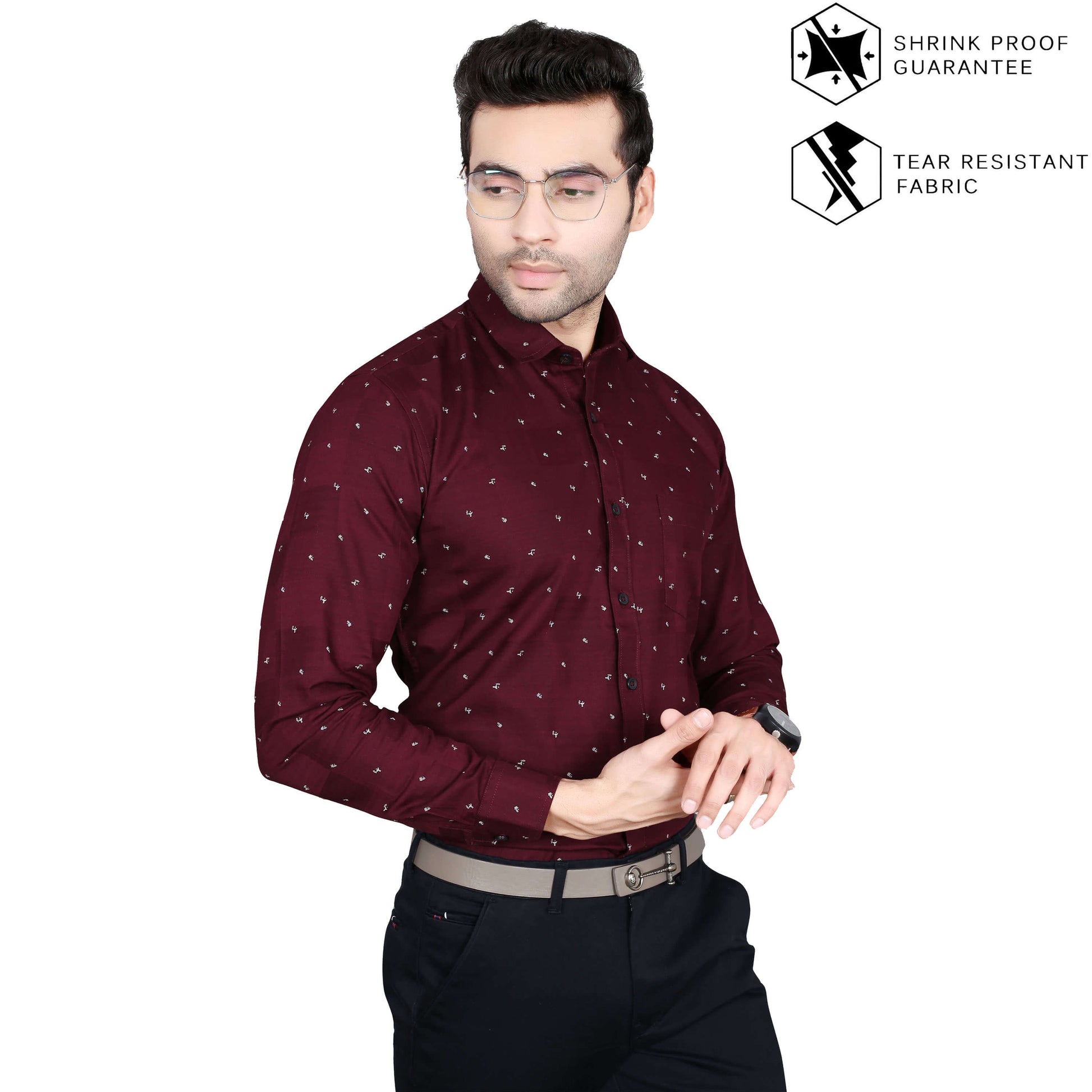 5thanfold Men's Formal Pure Cotton Full Sleeve Printed Maroon Slim Fit Shirt