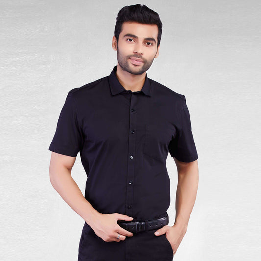 5thanfold Men's Formal Pure Cotton Half Sleeve Solid Black Slim Fit Shirt