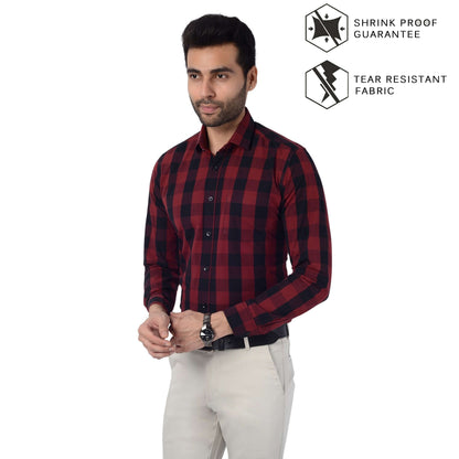 5thanfold Men's Formal Pure Cotton Full Sleeve Checkered Maroon Slim Fit Shirt